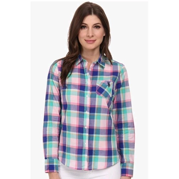US Polo Association Tops - Junior's Large US POLO ASSN Shirt Pastel Plaid 100% Cotton Logo Button Up Summer